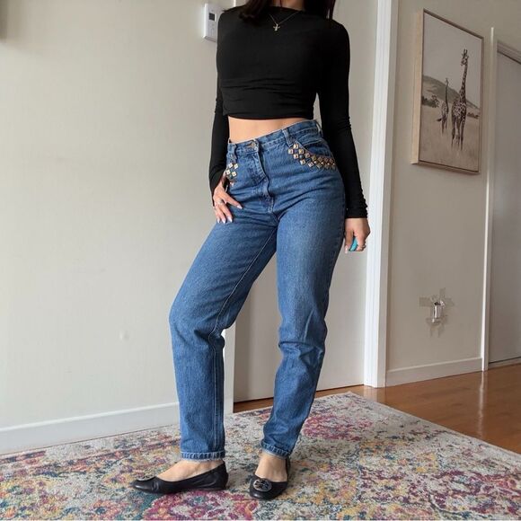 80s- 90s Embellished jewelled high rise dark wash mom jeans by Props - Picture 2 of 8